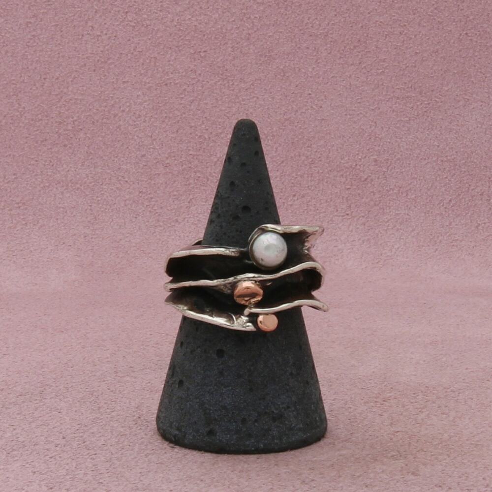 sterling silver & 14k gold vintage artisan made pearl ring size 6